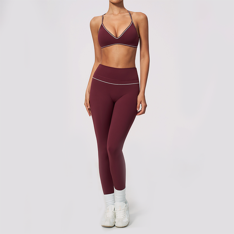 Wholesale Women's Brushed Yoga Set: V-Neck Bra & Leggings – Colorblock Tummy Control
