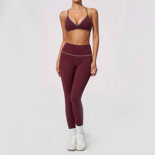 Wholesale Women's Brushed Yoga Set: V-Neck Bra & Leggings – Colorblock Tummy Control