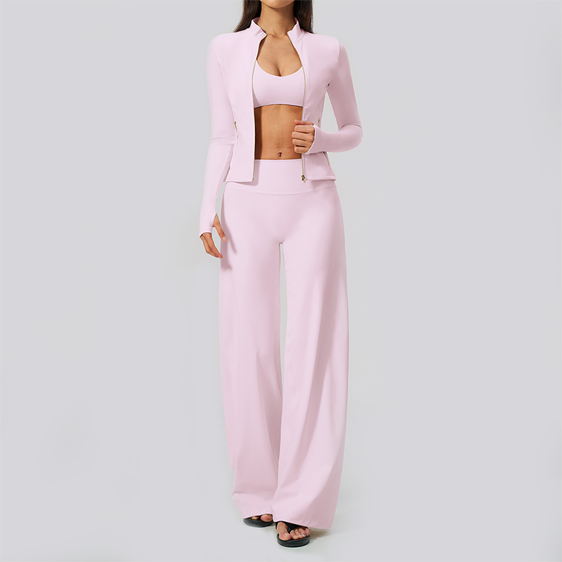 Wholesale Women's 3-Piece Yoga Set – Zip Jacket, Sports Bra & Wide-Leg Pants