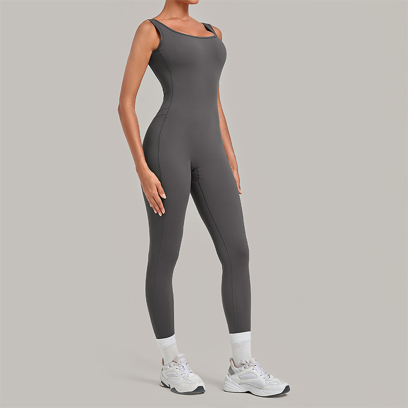 Wholesale Women's Brushed Yoga Jumpsuit – Open-Back Slim Fit Athletic Bodysuit w/ Chest Pad