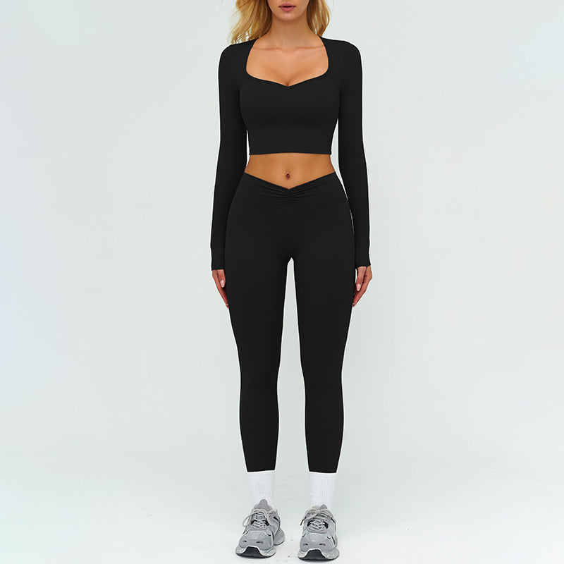 Slim-fitting long-sleeved top + tight-fitting athletic leggings 2-piece set