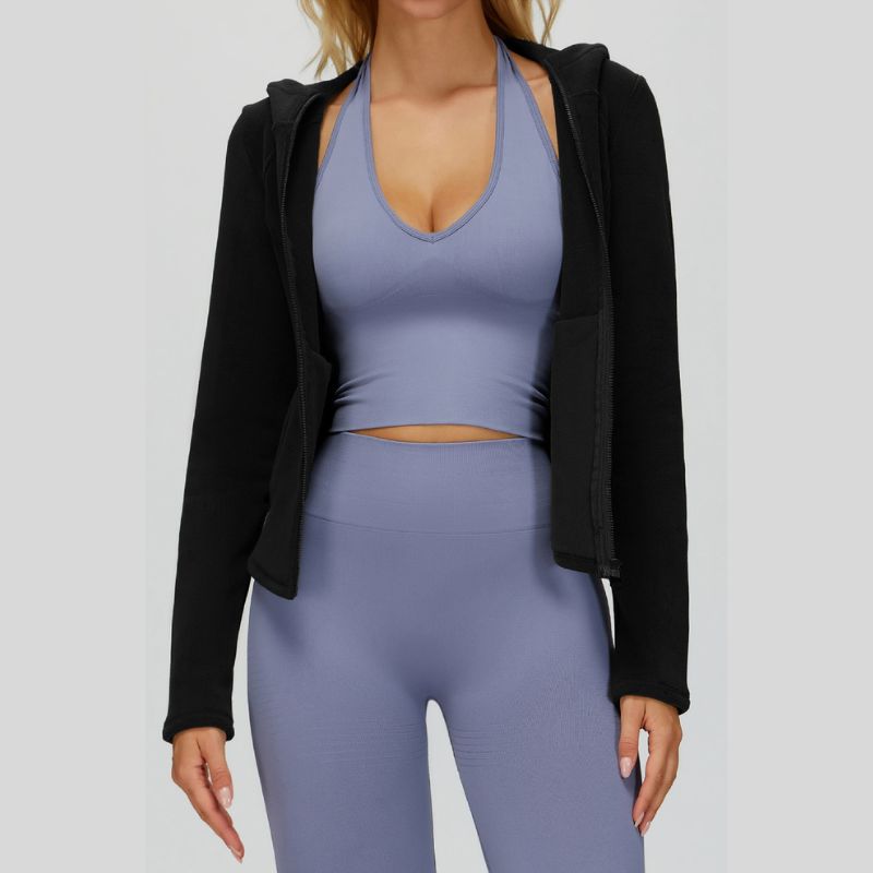 Fleece-lined hooded jacket with zipper.