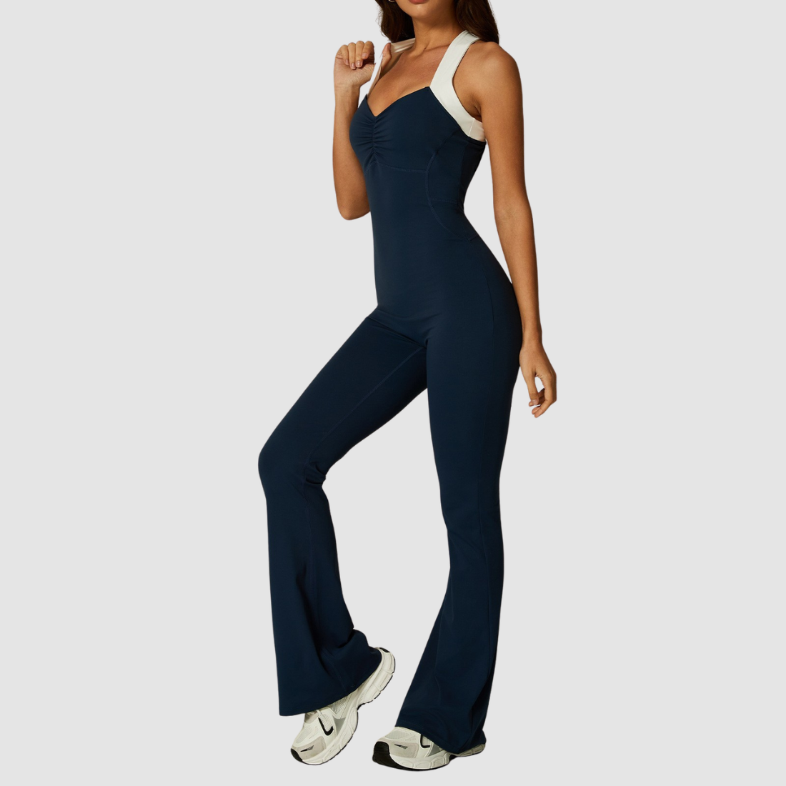 Women's Wholesale Activewear Cross-Back V-Neck Flared-Leg Yoga Jumpsuit