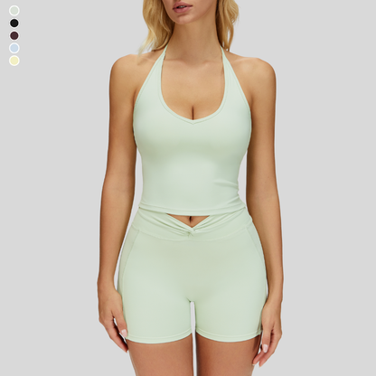 Removable Bra Pad Tank top+Pleated waistband sport shorts 2-piece set