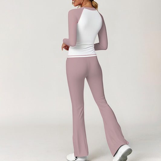 Top de manga larga + pantalones deportivos contrastantes + banda de diadema de 3 piezas
