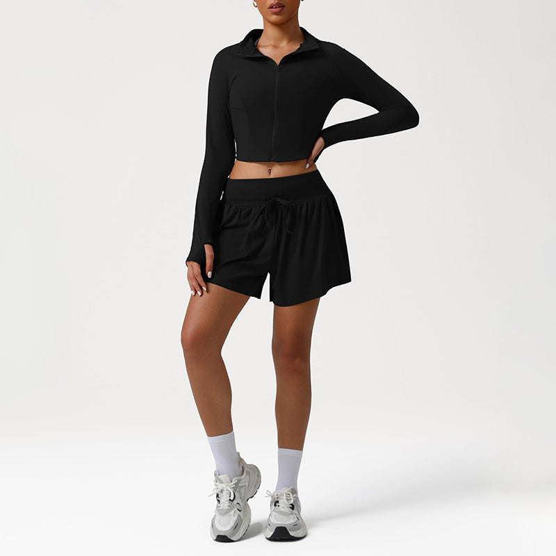 Snug-Fit Naked-Feel Hooded Jacket + High-waisted Loose Drawstring Shorts 2-Piece Set