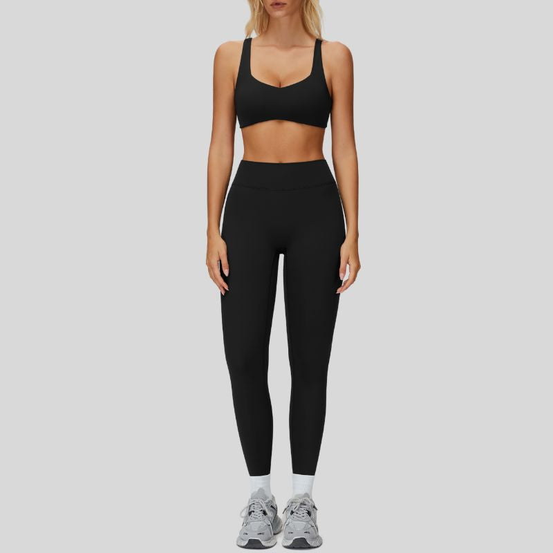 Sports bra with removable bra pads+High-waisted V-neck leggings at the back 2-piece set