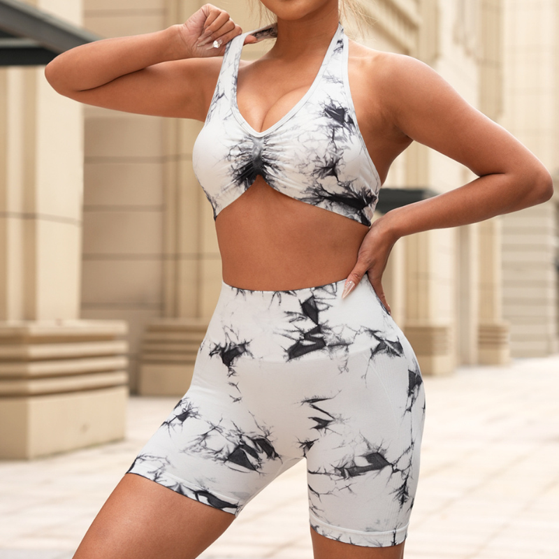 Seamless tie-dye halter backless bra + high-waisted shorts two-piece set