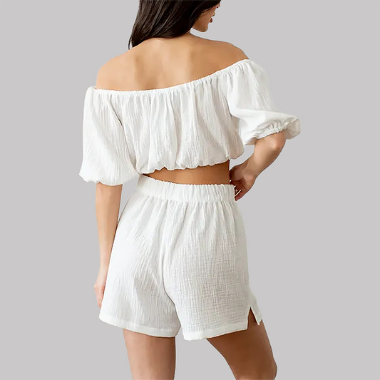 Wholesale Women's Off-Shoulder Shorts Set – Ruched Waist Two-Piece Casual Vacation Outfit