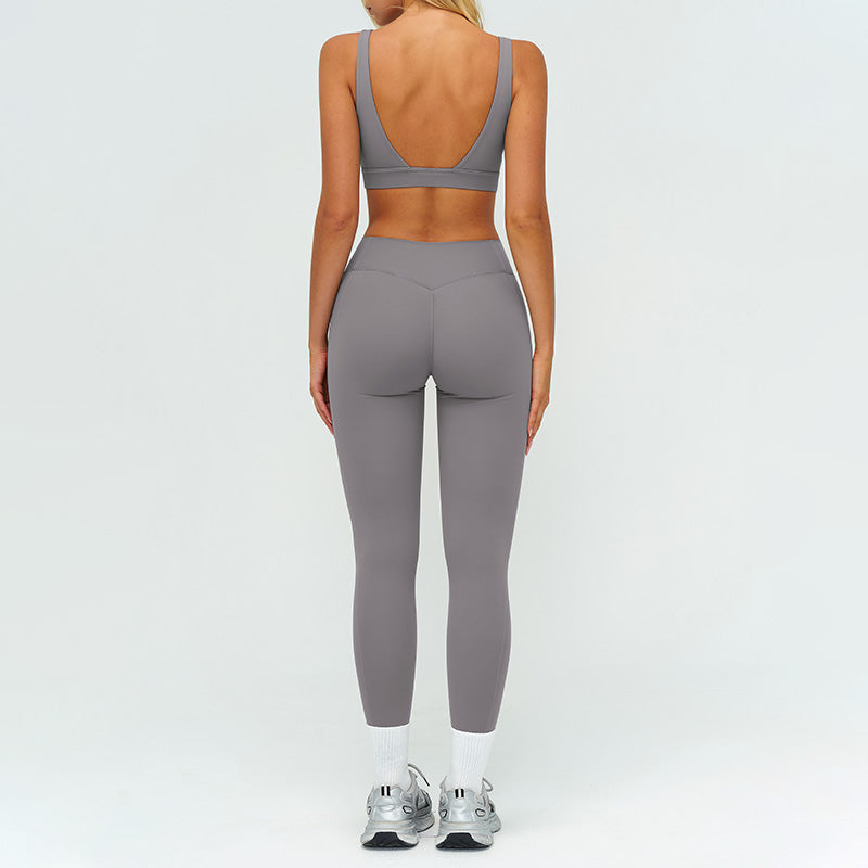 Square neckline backless sports bra+athletic slimming leggings 2-piece set