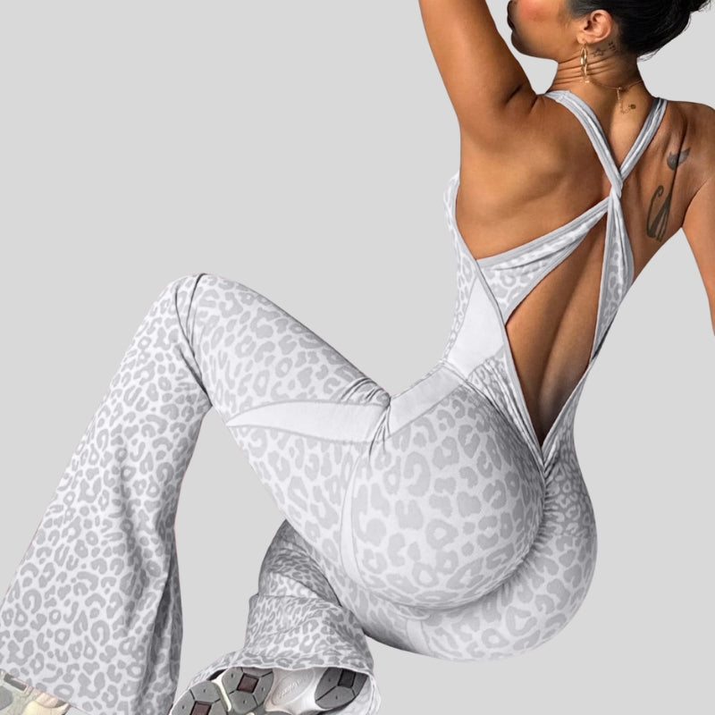 Cross back leopard print jumpsuit