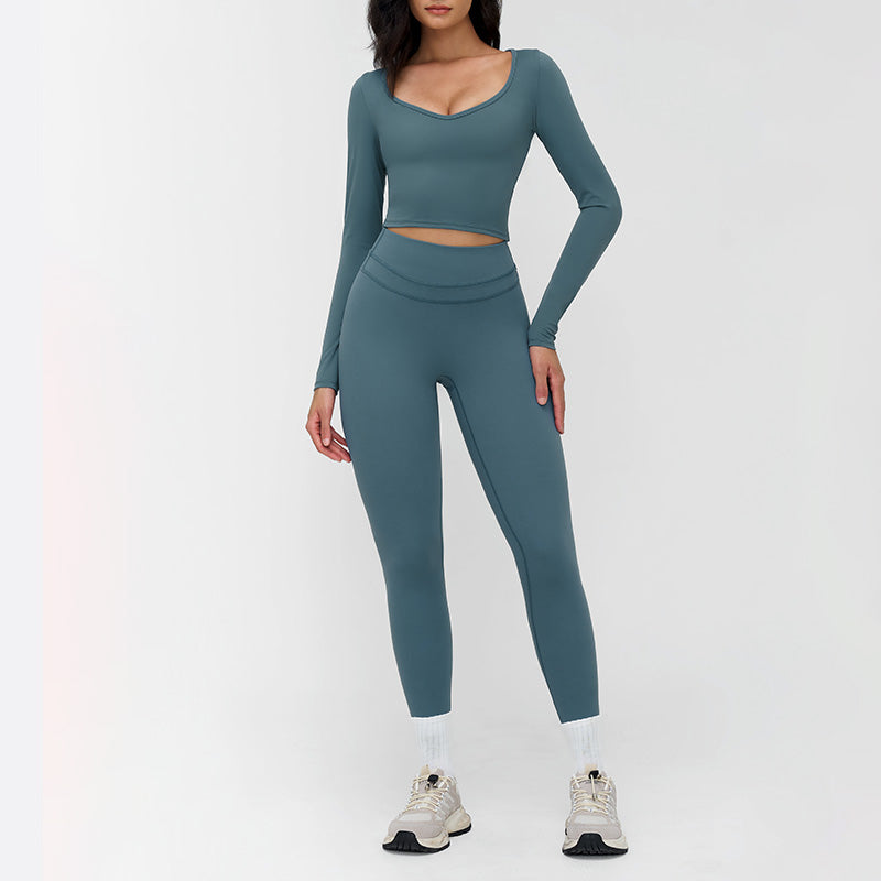 V-neck slim-fit long-sleeved top + High waist leggings 2-piece set
