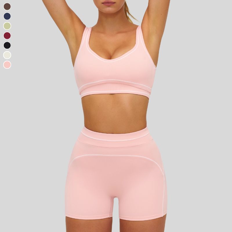 Contrasting Color Sports Bra + high waist shorts 2-piece set