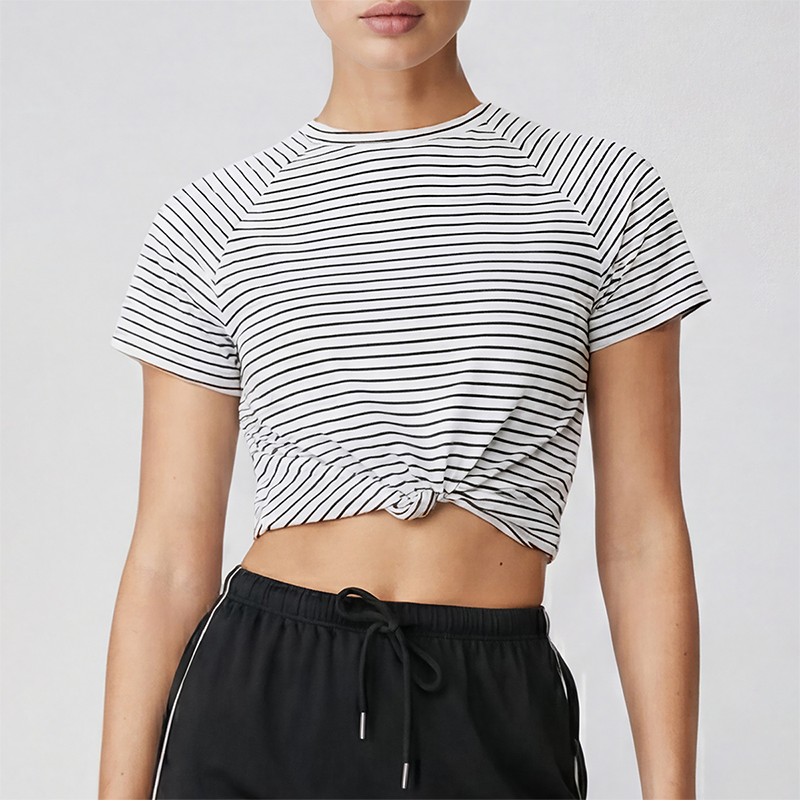 Wholesale Women's Striped Yoga T-Shirt – Short Sleeve Tie-Front Breathable Running Top