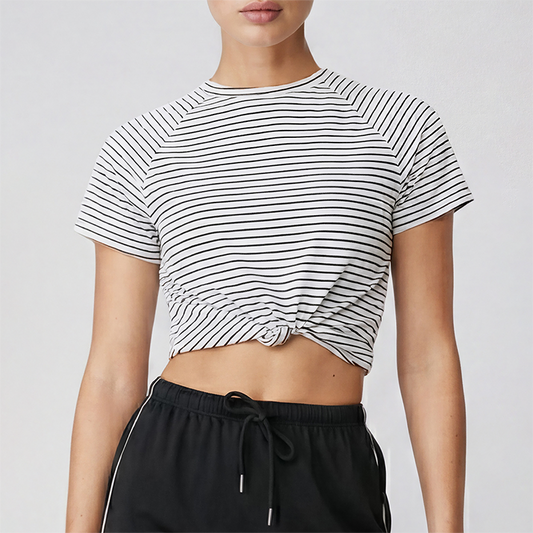 Wholesale Women's Striped Yoga T-Shirt – Short Sleeve Tie-Front Breathable Running Top