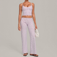 Wholesale Women's Activewear Retro Print Fold-Over Waist Top & Straight-Leg Pants Set