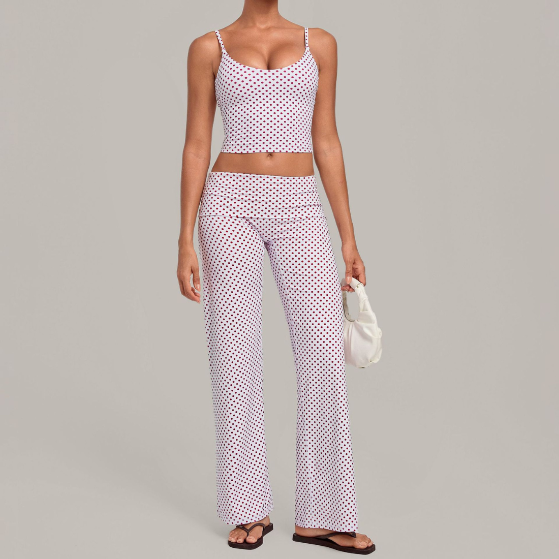 Wholesale Women's Activewear Retro Print Fold-Over Waist Top & Straight-Leg Pants Set