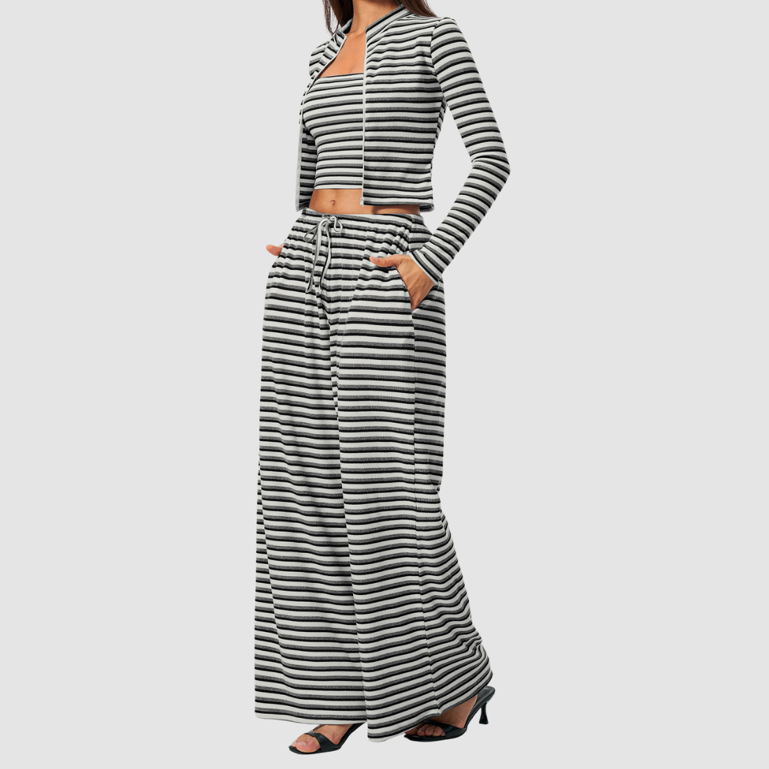 Wholesale Women's Stripe Yoga Bra & Wide-Leg Pants & Jacket 3-Piece Set