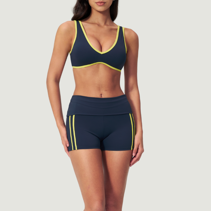 Wholesale Color Block V-Neck Sports Bra & Fold-Up Shorts Set