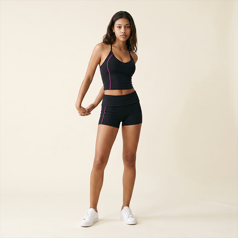 Wholesale Women's Halter V-Neck Color-Block Slim-Fit Sports Bra & Shorts Yoga Set