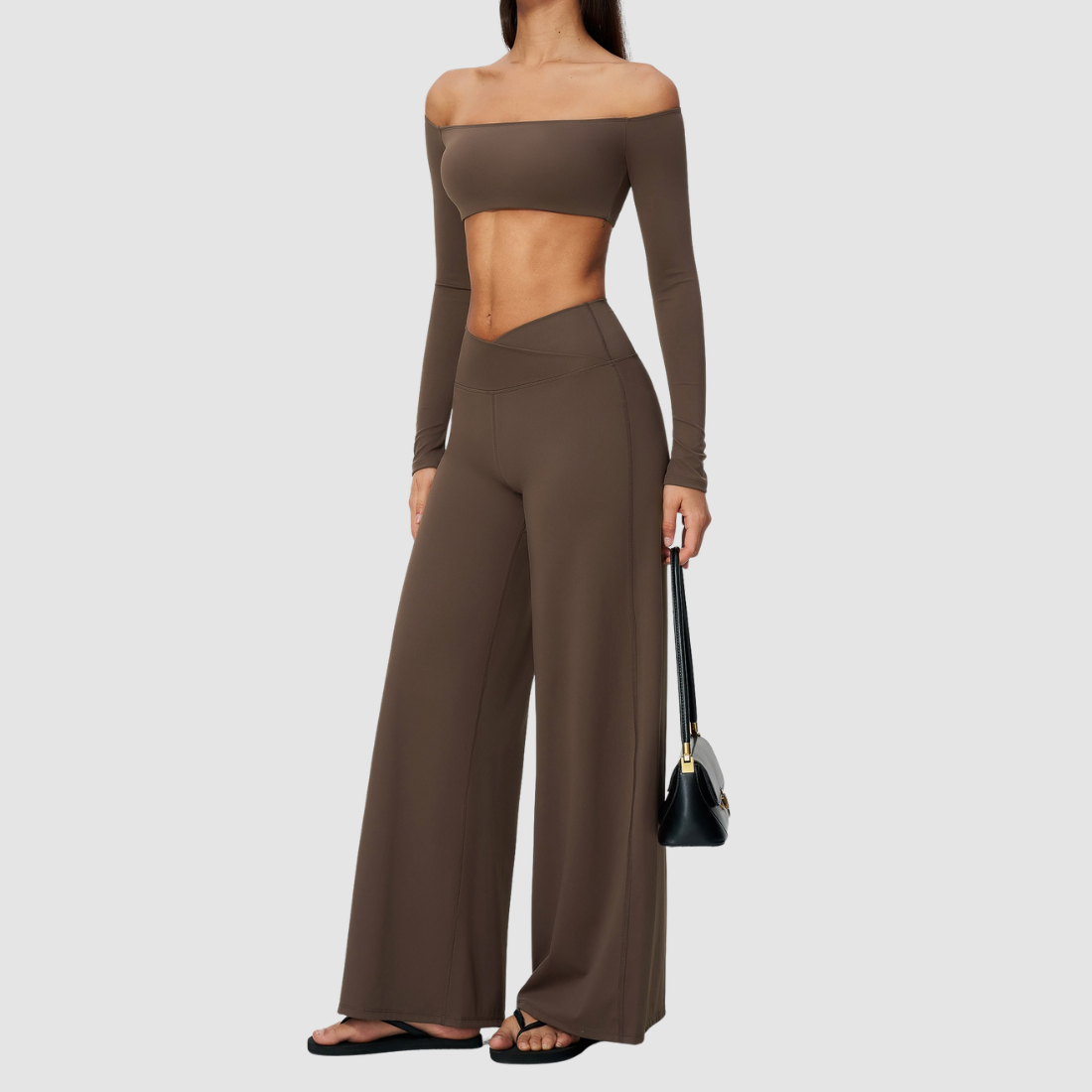 Wholesale Women's Long-Sleeve Tops + Wide-Leg Pants Fitness Two-Piece Set