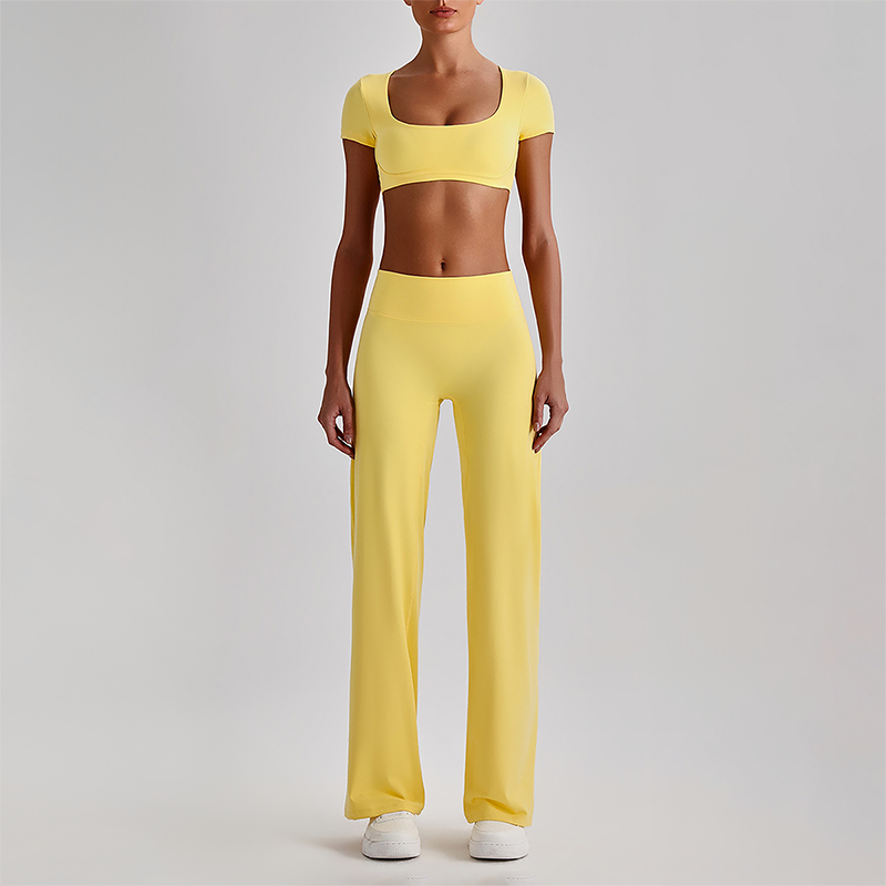 Wholesale Women's Short Sleeve Exposed Back Bra+Naked Feel Straight Leg Pants Yoga Set