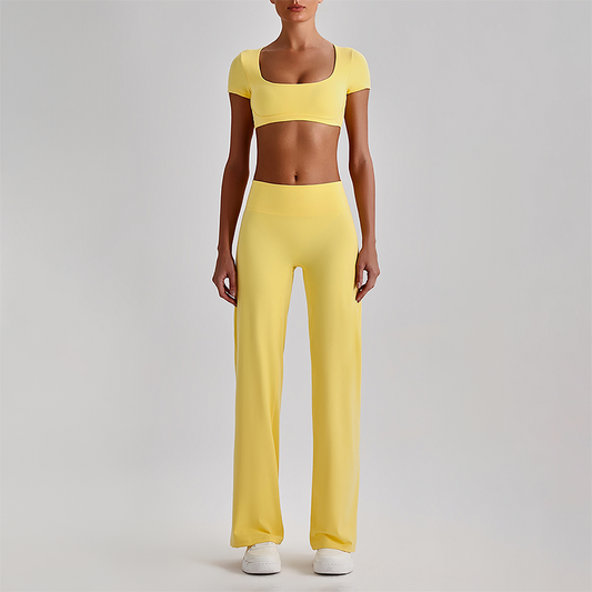 Wholesale Women's Short Sleeve Exposed Back Bra+Naked Feel Straight Leg Pants Yoga Set
