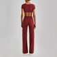 Wholesale Women's Short Sleeve Exposed Back Bra+Naked Feel Straight Leg Pants Yoga Set