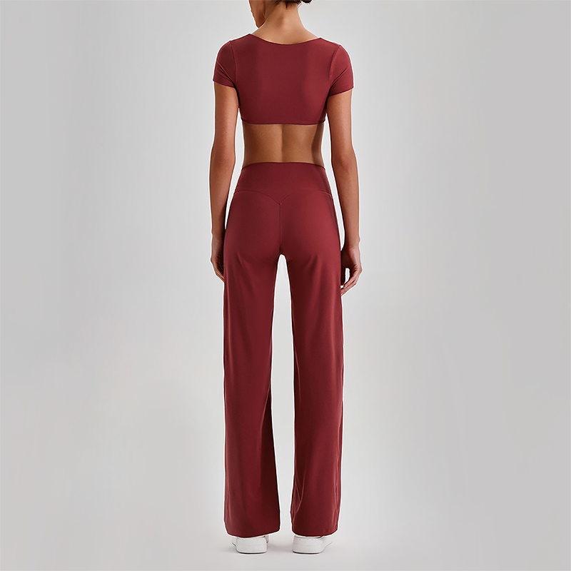 Wholesale Women's Short Sleeve Exposed Back Bra+Naked Feel Straight Leg Pants Yoga Set
