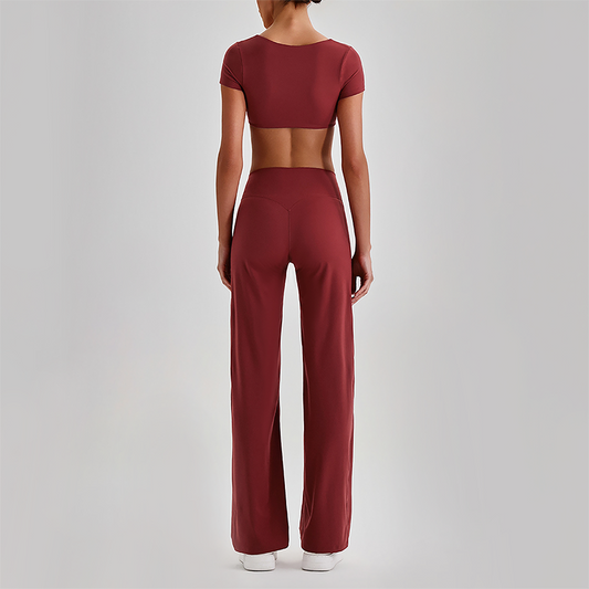 Wholesale Women's Short Sleeve Exposed Back Bra+Naked Feel Straight Leg Pants Yoga Set