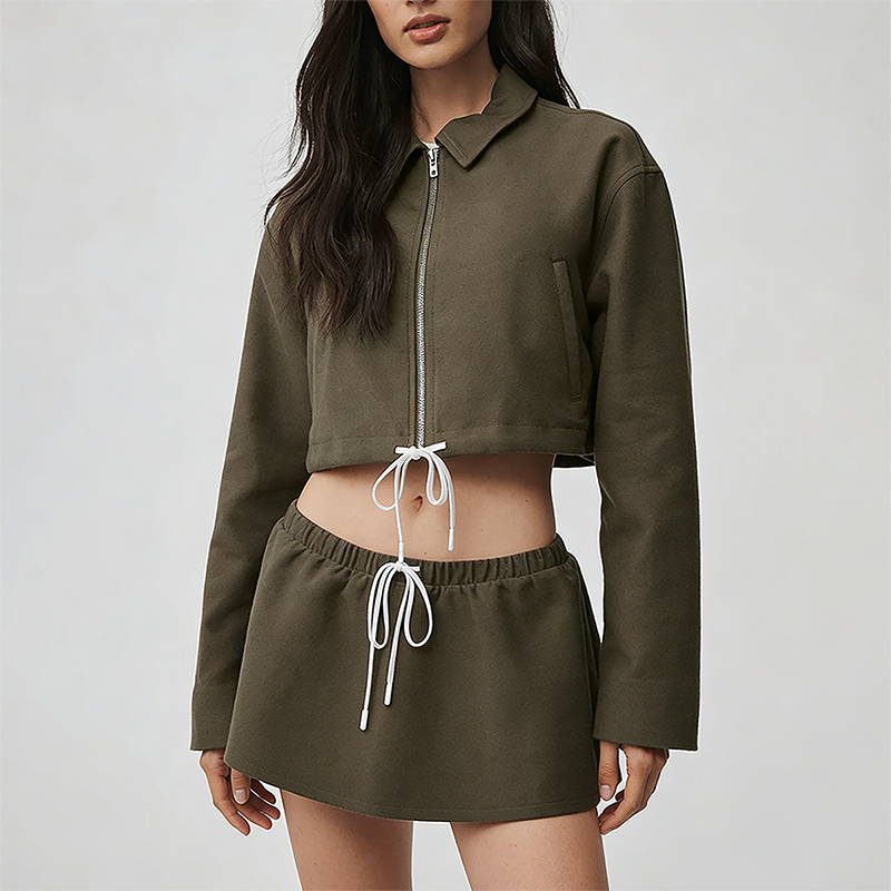 Wholesale Cotton-Blend Drawstring Zip Jacket & Mini Skirt Set – 2-Piece Casual Sports Matching Set