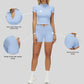 Slim-fit stand-up collar short-sleeved top+Pleated waistband sport shorts 2-piece set
