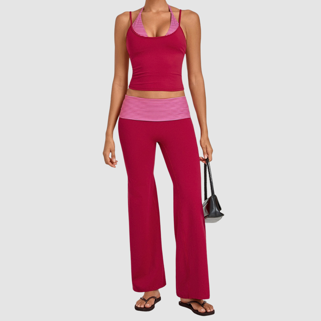Wholesale Women's Retro Print Yoga Fake Two-Piece Vest+Flared-Leg Pants Set