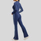 Contrast color slim sports jacket + slim flared pants 2-piece set