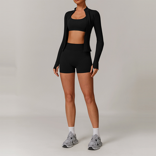 Seamless yoga bra + Full Zipper jackets + high waist shorts 3-piece set