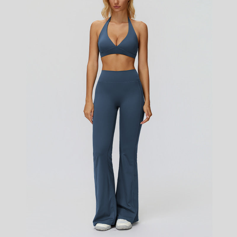 Halter sports bra+High waisted flared pants 2-piece set