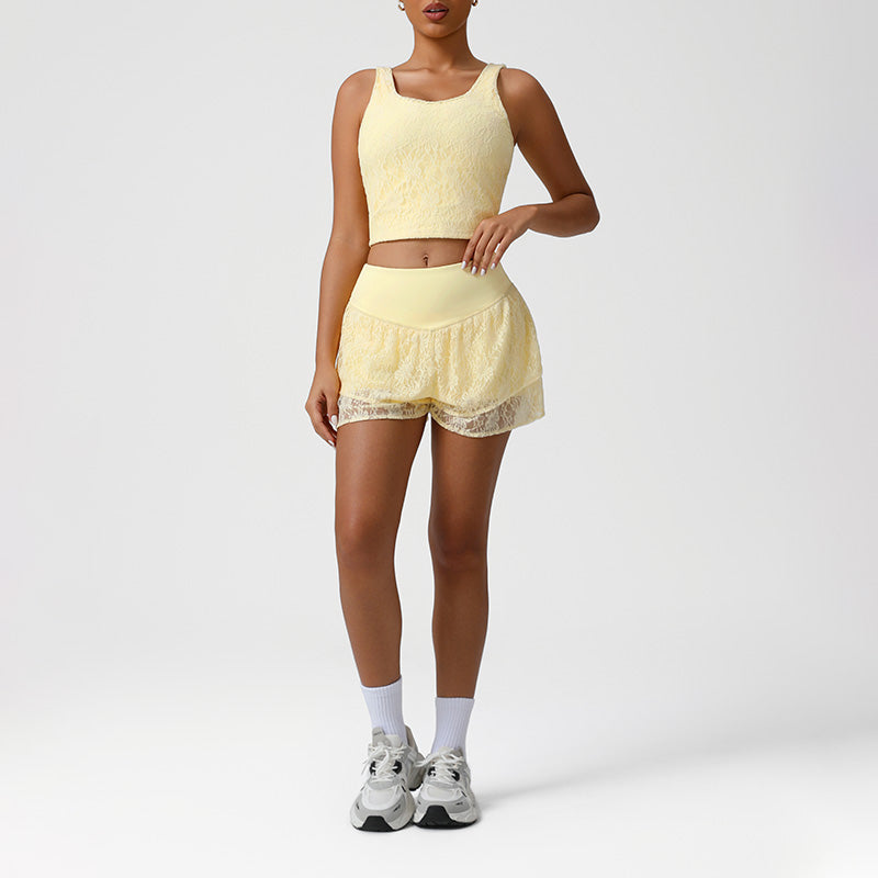 Lace Low-Cut Crop Top + Elastic Waistband Anti-Exposure Shorts 2-Piece Set
