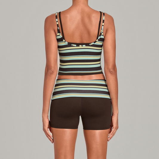 Wholesale Women's Retro Print Double-Strap Yoga Vest+High-waist Shorts Two-Piece Set