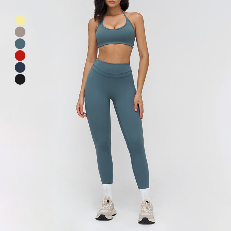 Halter-neck open-back sports bra + high-waisted leggings 2-piece set