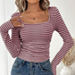 Wholesale Women's Long-Sleeve Top Square-Neck Color-Block Knit Top