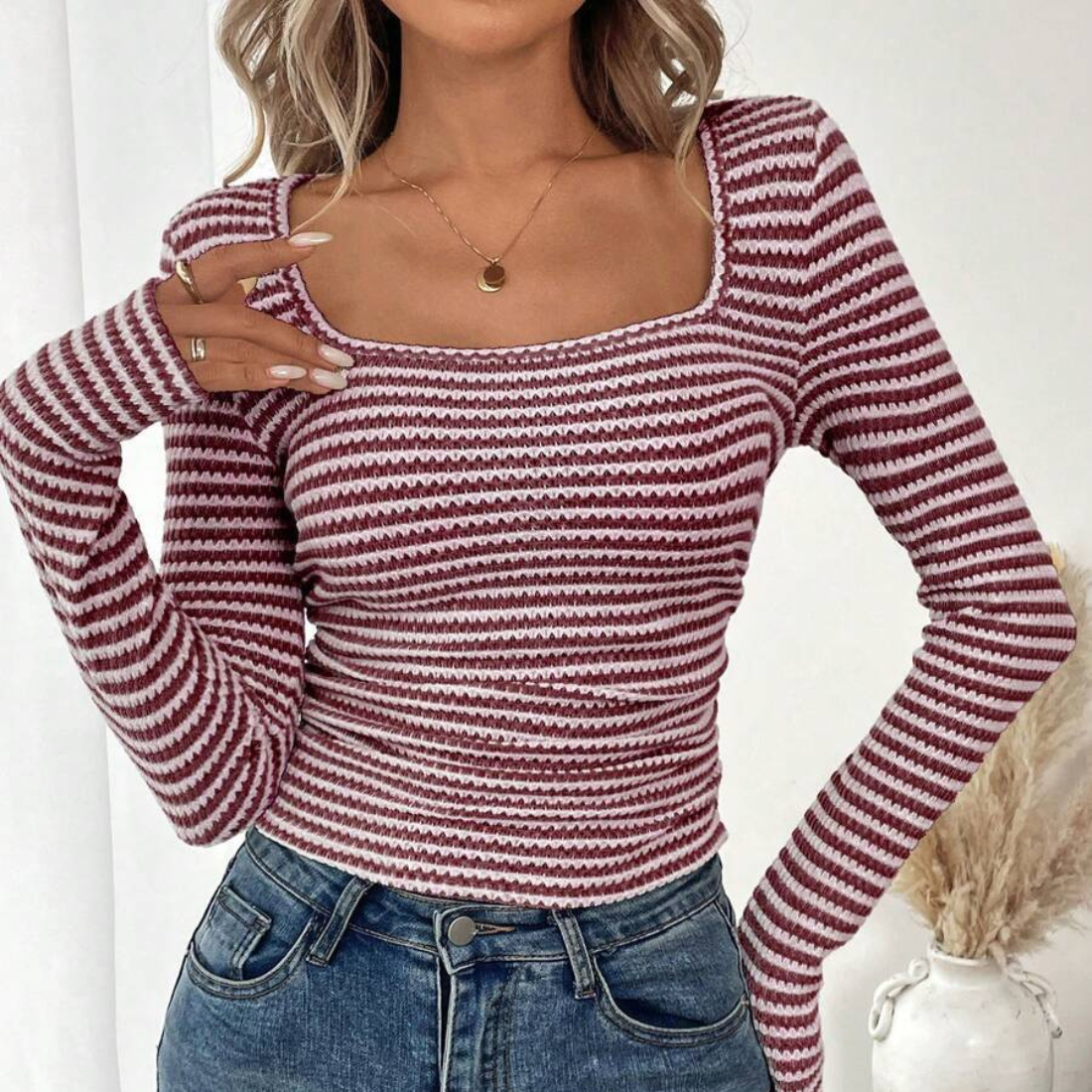 Wholesale Women's Long-Sleeve Top Square-Neck Color-Block Knit Top