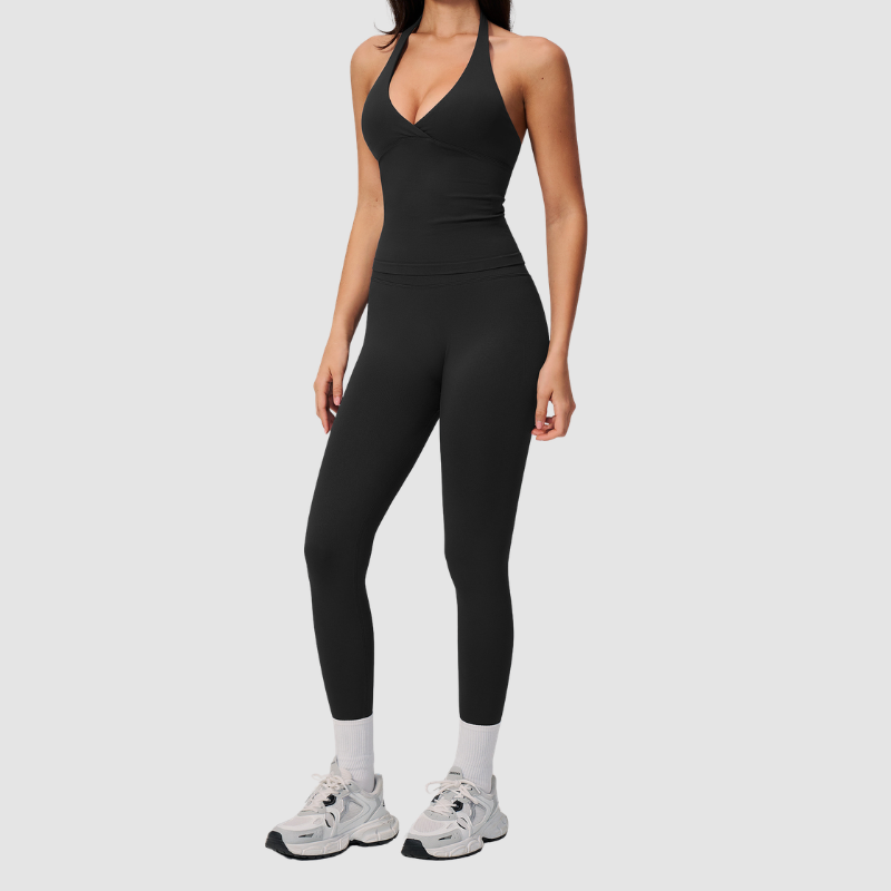 Wholesale Women's Halter Sports Bra & Full-Length Leggings Set – Seamless Peach-Lift Yoga Activewear