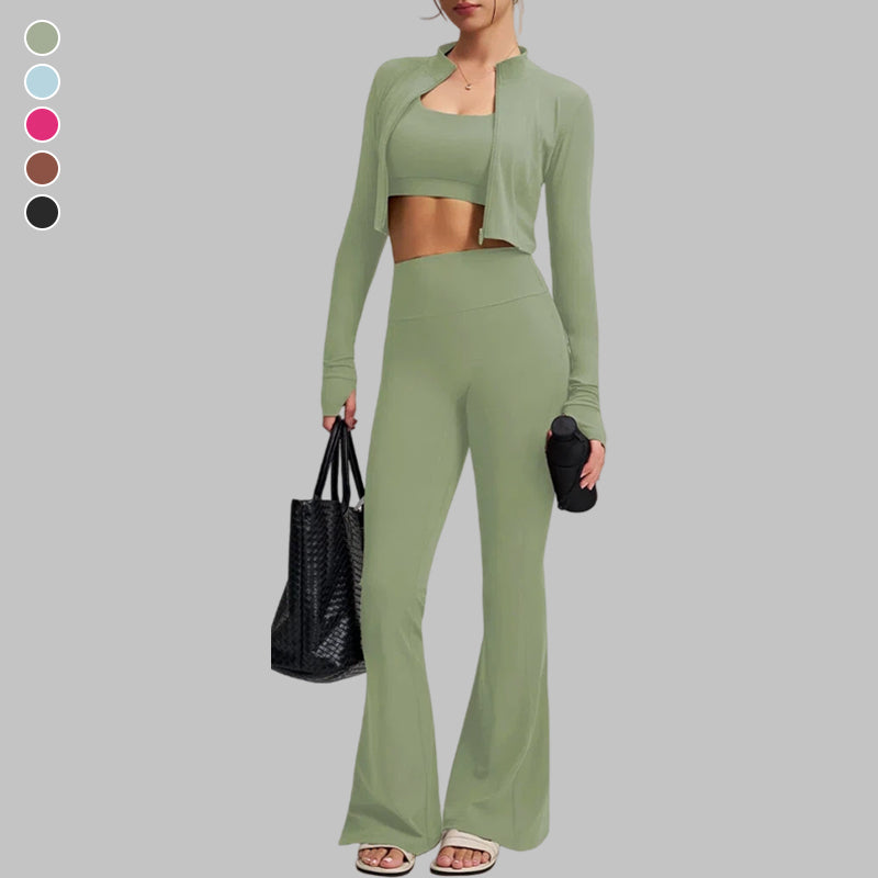 Square Neck Bra + Cropped Jacket + Flare Pants 3-piece set