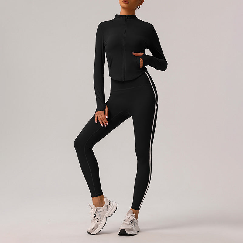 Stand-Collar Cropped Jacket + High-Waisted Color-Blocked Leggings 2-Piece Set