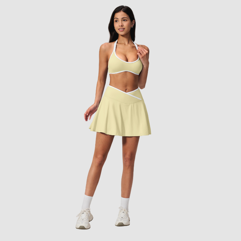 Wholesale Women's Color Block Sports Bra & Anti-Exposure High-Waist Mini Skirt Set – Naked Feel Yoga Gym Activewear