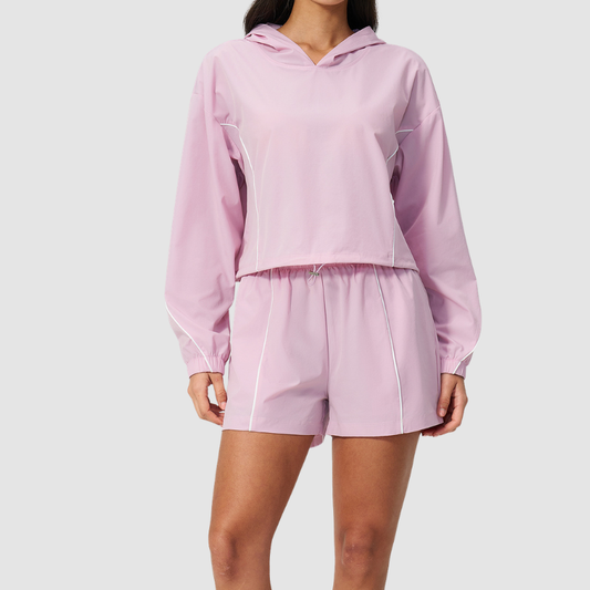 Wholesale Women's UPF50+ Sun Protection Hoodie Jacket + Shorts Set – Colorblock Outdoor Running Sportswear