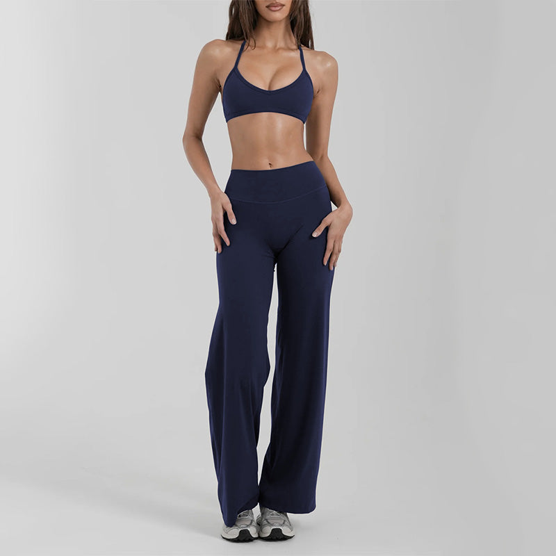 Halter-neck backless bra + loose wide-leg pants 2-piece set