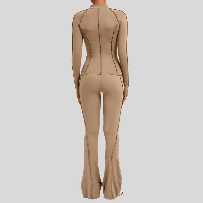 Thumb-buckle zipper jacket + slightly flared pants+2-piece set