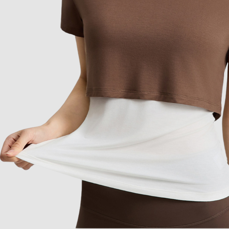 Wholesale Women's Color-Block Faux Two-Piece Yoga Short-Sleeve Top
