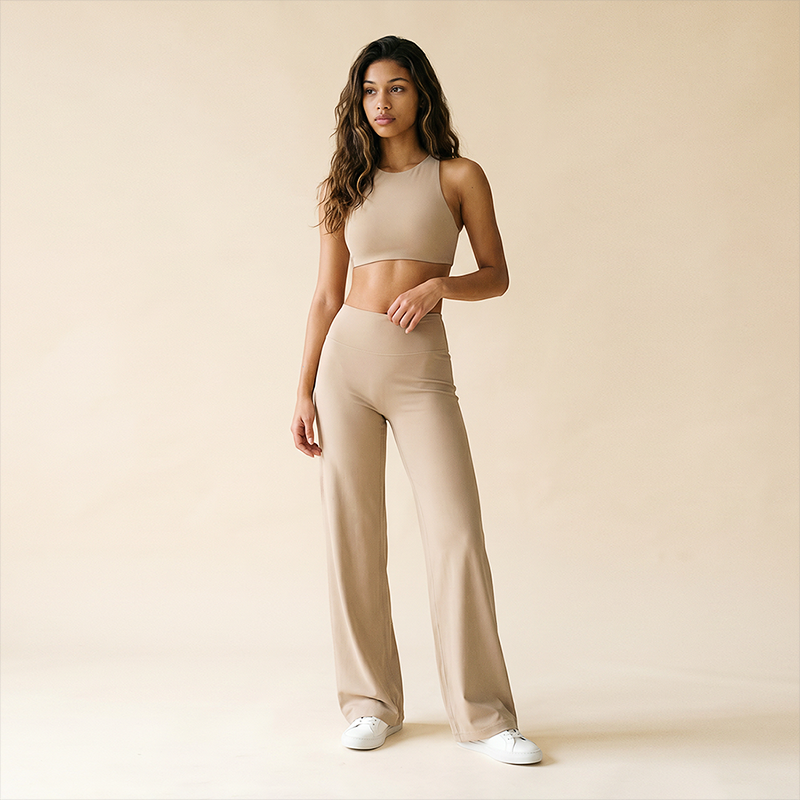 Wholesale Women's Brushed Fabric Sports Bra and Wide-Leg Pants Set